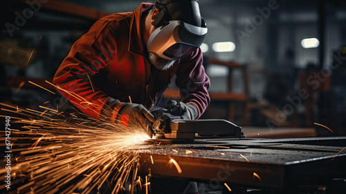 Industrial workers in a factory welding steel structure with sparks. Metalwork manufacturing and construction concept