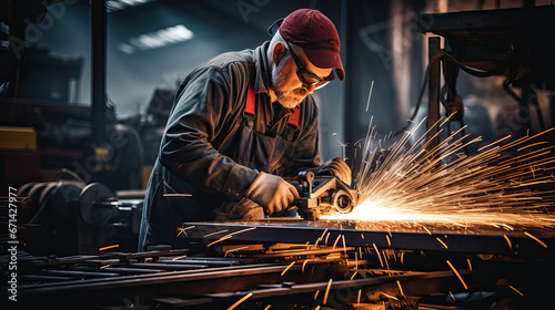 Industrial workers in a factory welding steel structure with sparks. Metalwork manufacturing and construction concept