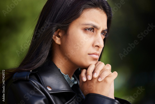 Bild auf Leinwand Depression, thinking and worry with woman in nature for stress, anxiety and confused