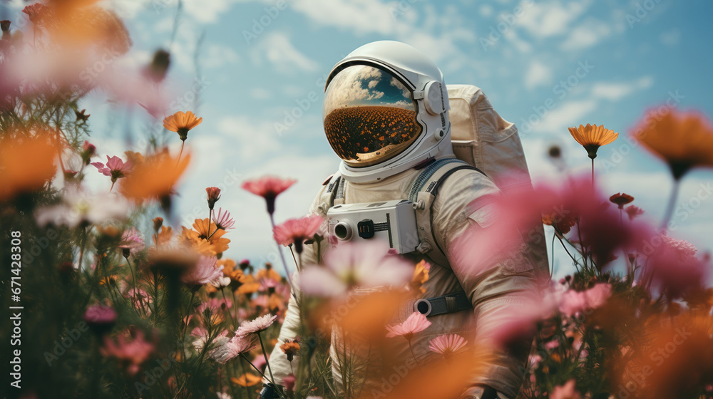 Astronaut is standing in the field with flowers