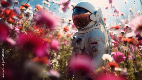 Astronaut is standing in the field with flowers