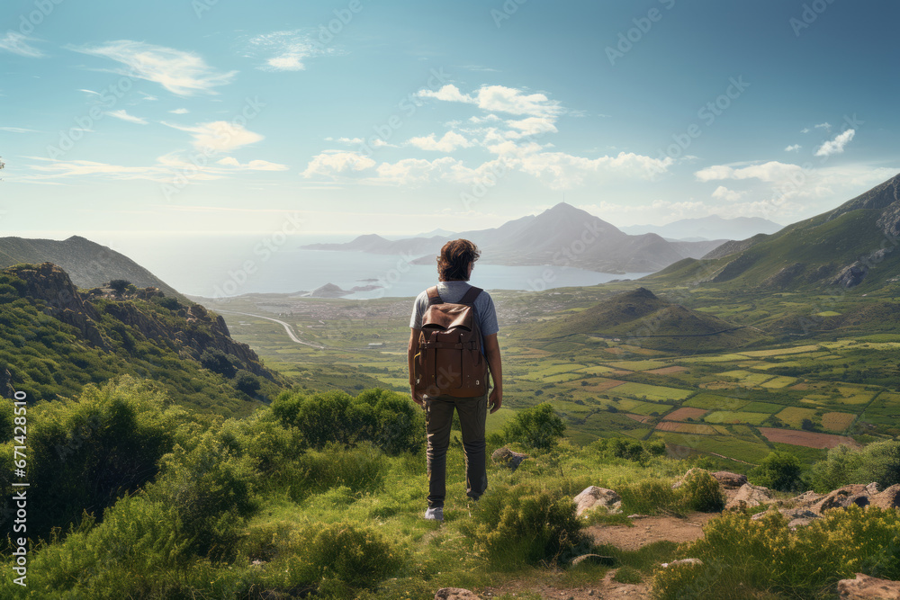 Rear view of young boy that is standing and looking at the landscape with mountains Rear view of young boy that is standing and looking at the landscape with mountains