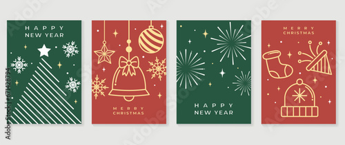 Luxury christmas invitation card art deco design vector. Christmas tree, snowflake, bell, firework, sock line art on green and red background. Design illustration for cover, print, poster, wallpaper.