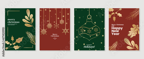 Luxury christmas invitation card art deco design vector. Christmas bauble ball  snowflake  star  holly sprig line art on green background. Design illustration for cover  print  poster  wallpaper.