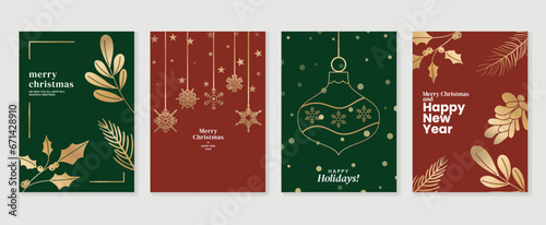 Luxury christmas invitation card art deco design vector. Christmas bauble ball, snowflake, star, holly sprig line art on green background. Design illustration for cover, print, poster, wallpaper.