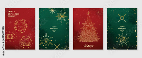 Luxury christmas invitation card art deco design vector. Christmas tree, snowflake, firework line art, watercolor on green and red background. Design illustration for cover, print, poster, wallpaper. photo