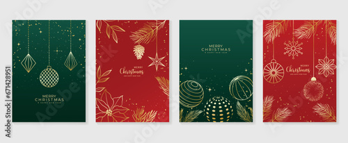 Luxury christmas invitation card art deco design vector. Christmas bauble ball, pine cone, holly sprig line art on green and red background. Design illustration for cover, print, poster, wallpaper.