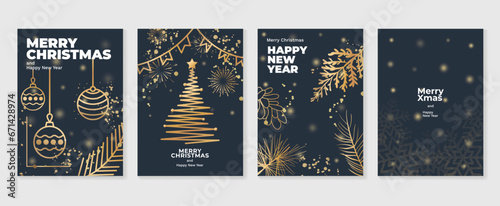 Luxury christmas invitation card art deco design vector. Christmas tree, snowflake, bauble ball, firework line art on dark blue background. Design illustration for cover, print, poster, wallpaper.
