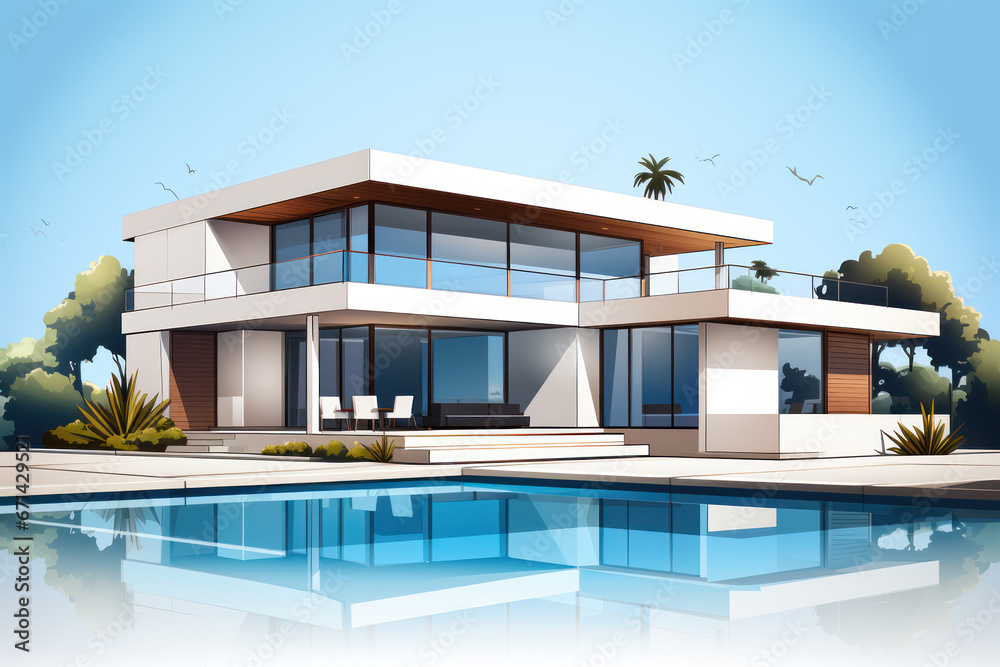 Modern country house villa in a minimalist cubic style with swimming pool, illustration of a vacation on the sea coast