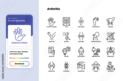 Arthritis thin line icons set: joint damage, gout arthritis, backache, elbow pain, arthroscopy, blood test, MRI knee, excess weight, arthroplasty, synovectomy. Vector illustration photo