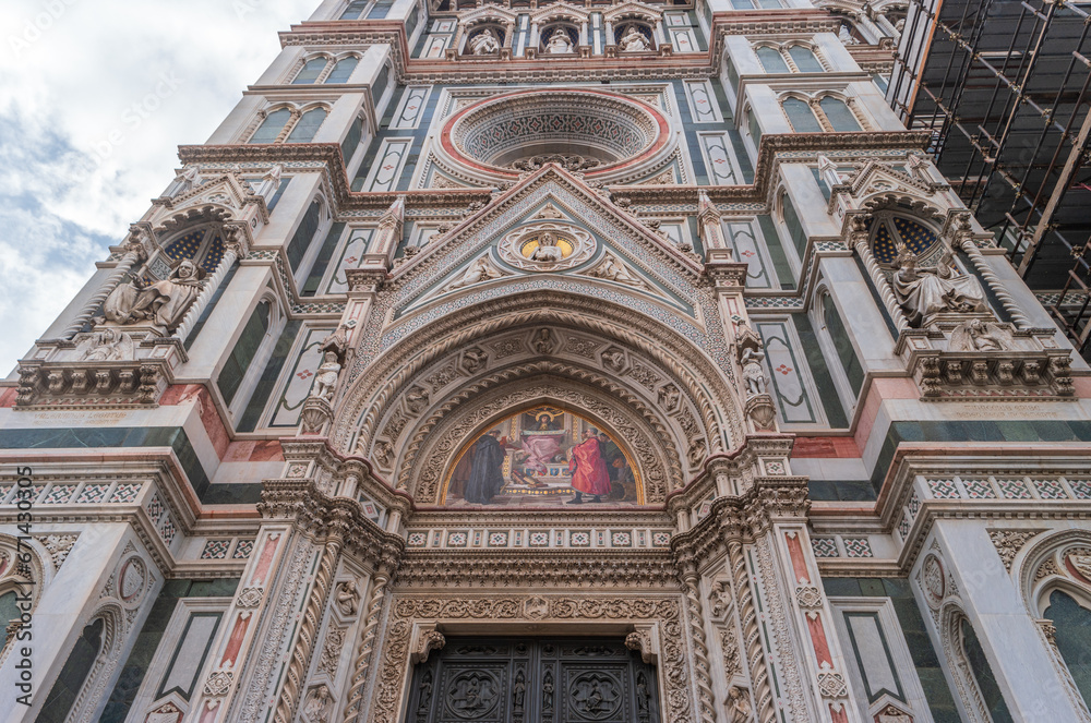 Florence, Italy. View of fresco on the facade of Santa Maria del Fiore.