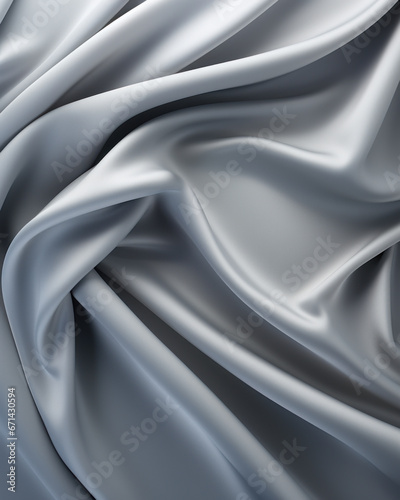 Background of flowing shiny gray silver satin or silk, fashionable bright background of smooth silky fabric