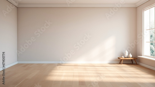 modern empty room with wooden floor and large white plain wall.