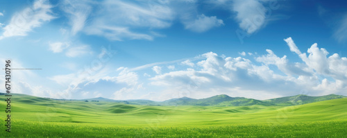Beautiful natural scenic panorama green field of cut grass and blue sky with clouds on horizon. Perfect green lawn on sunny day