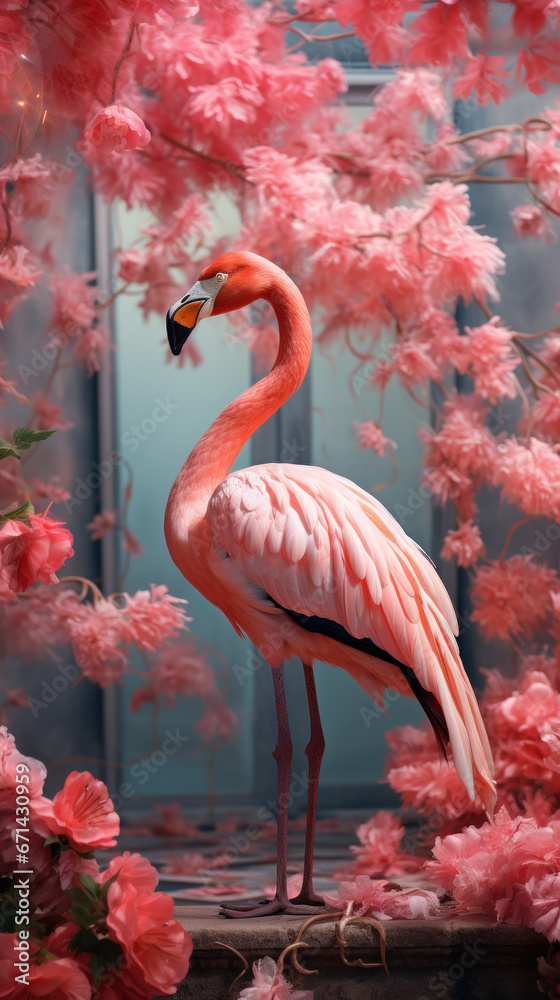 Fototapeta premium Pink flamingo on the background of the wall with exotic beautiful flowers, bright tropical concept