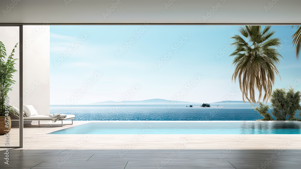 Sea view empty large living room of luxury summer beach house with swimming pool near wooden terrace. Big white wall background in vacation home or holiday villa. Hotel interior