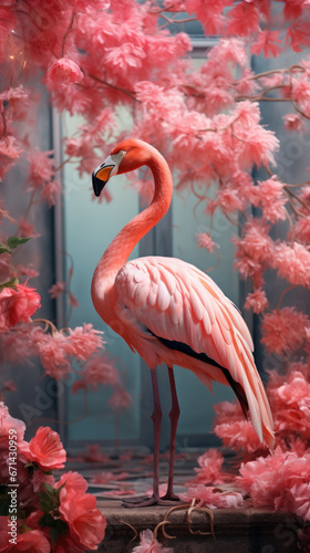 Pink flamingo on the background of the wall with exotic beautiful flowers, bright tropical concept
