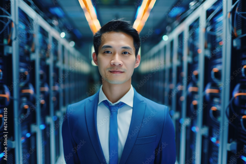 Portrait of Data Center Engineer standing by supercomputer server cabinets in data center, Data protection network for cyber security - obrazy, fototapety, plakaty 