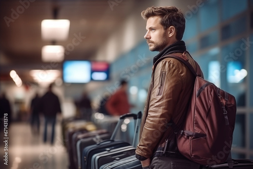 Young man traveller with luggage waiting queue for check in at airline counter service at the airport photo