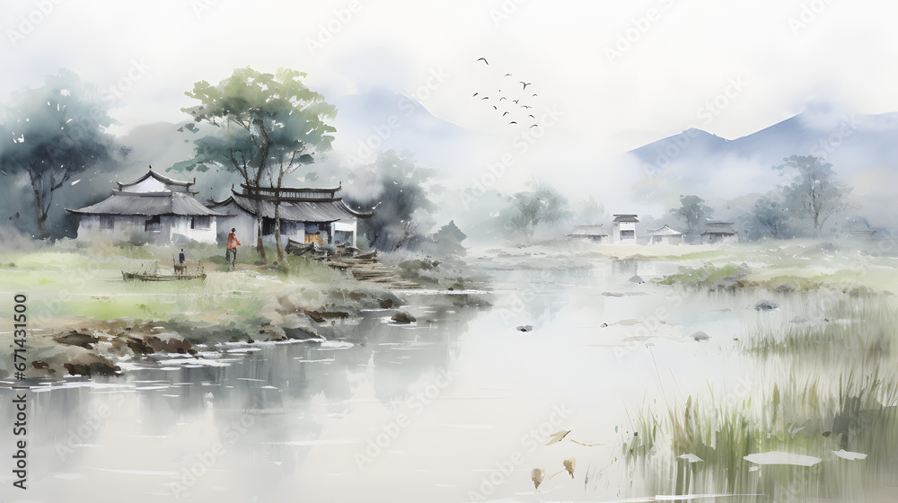 Panorama showcasing rustic thatched room house painting Panorama showcasing rustic thatched room house painting