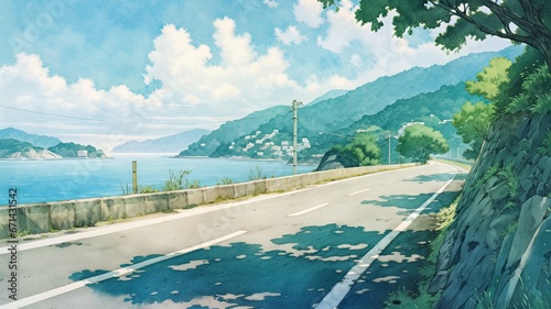 山の近い海沿いの道路_1　Generative AI