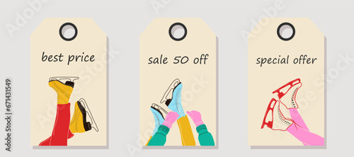 Vector set of discount price tags. Labels with ice skates for figure skating in winter. Christmas sale.	