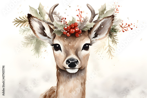 watercolour illustration of deer with Christmas decoration on the head 