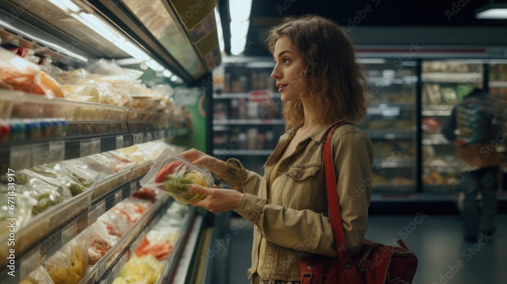 a young woman at the supermarket buying groceries. Shopping in a grocery store. Grocery shopping