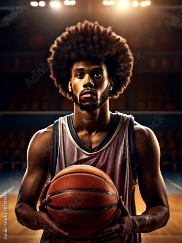Portrait of afro american male basketball player with a ball over basketball court background. © tewpai