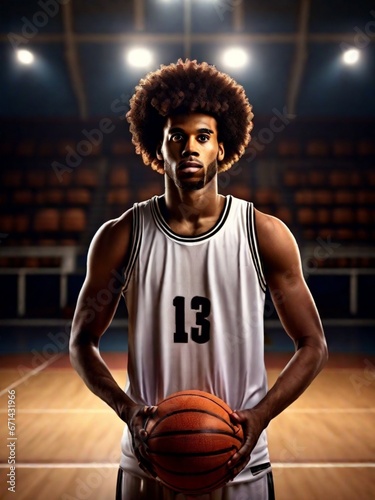 Portrait of afro american male basketball player with a ball over basketball court background. © tewpai