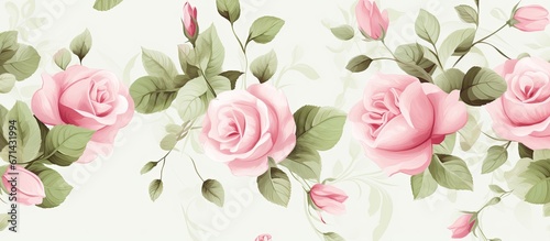 Watercolor style floral design with pink rose and greenery in a seamless pattern