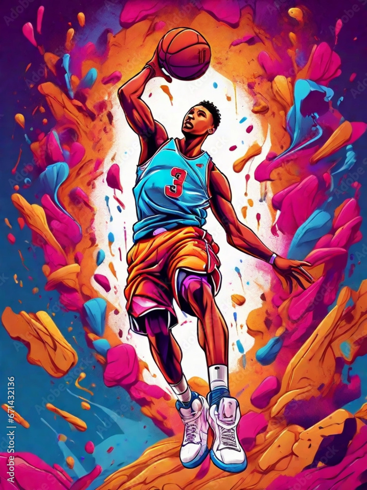 Vibrant basketball player slam dunk illustration - dynamic T-Shirt design,