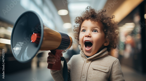 Retail and Lifestyle: An adorable composition featuring a cute kid passionately shouting into small megaphones, promoting Black Friday sales with childlike vigor.