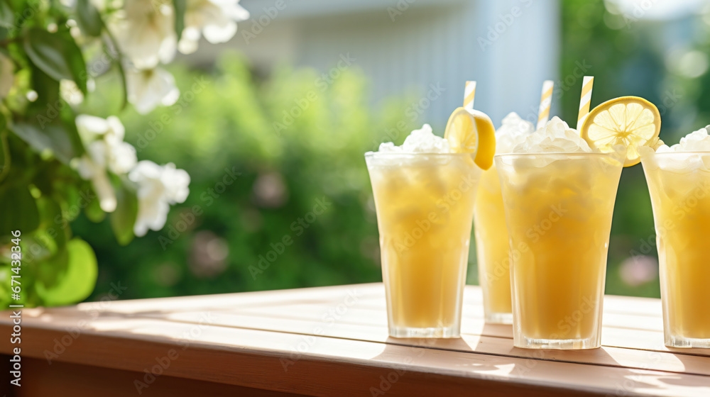 Glasses of lemonade with frappe ice on a wooden table