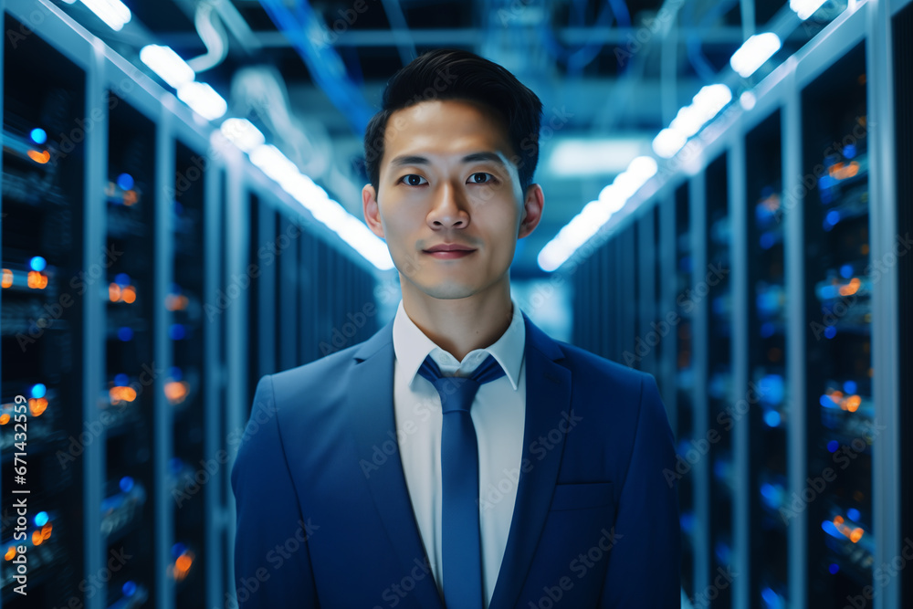 Fototapeta premium Portrait of Data Center Engineer standing by supercomputer server cabinets in data center, Data protection network for cyber security