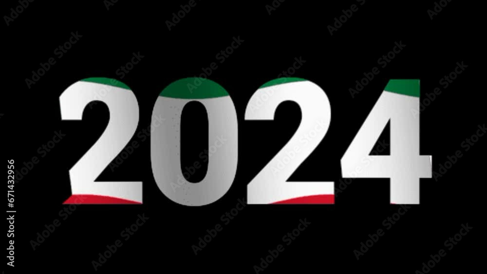 2024 text with Kuwaiti flag waving. Animated for new year 2024 or Kuwait independence day. Seamless 4k