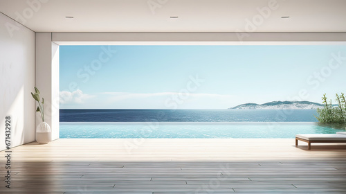 Sea view empty large living room of luxury summer beach house with swimming pool near wooden terrace. Big white wall background in vacation home or holiday villa. Hotel interior photo