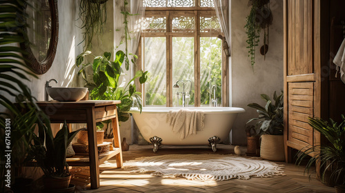 Soft native hues organic shapes look of bathroom with big window oval bathtub in neutrals tones. Green palm plants candles bubble bath leisure and relaxation skin self care wellness luxury living