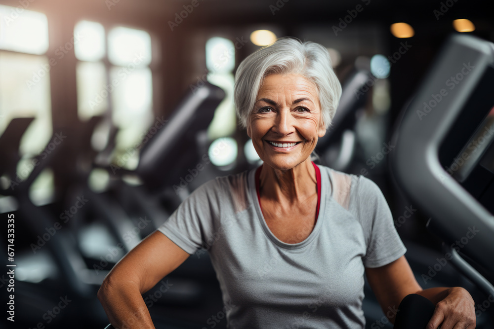 aged woman doing sport in gym. Morning run. Healthy lifestyle aged woman doing sport in gym. Morning run. Healthy lifestyle