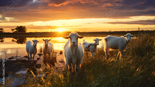 Goats in field at sunset