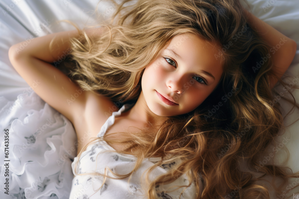 Little girl lying on bed with spread hair, cute and innocent Little girl lying on bed with spread hair, cute and innocent