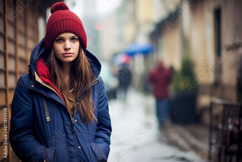 Solitary woman in winter gear walking in rain