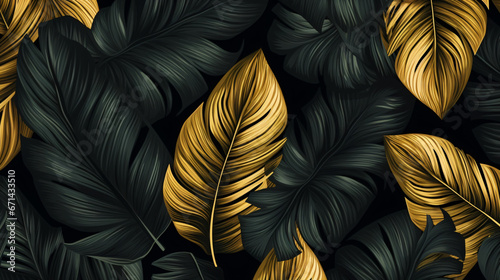 Gold and black tropical leaves pattern background