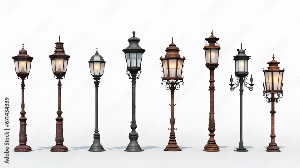 Set collection of Antique street lamps on white background - obrazy, fototapety, plakaty 