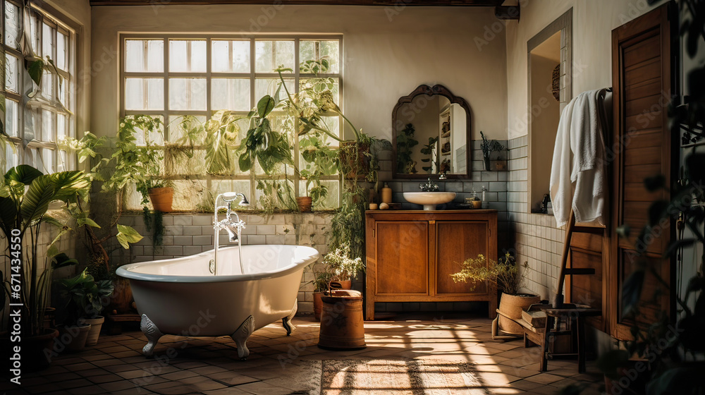 Soft native hues organic shapes look of bathroom with big window oval bathtub in neutrals tones. Green palm plants candles bubble bath leisure and relaxation skin self care wellness luxury living Soft native hues organic shapes look of bathroom with big window oval bathtub in neutrals tones. Green palm plants candles bubble bath leisure and relaxation skin self care wellness luxury living