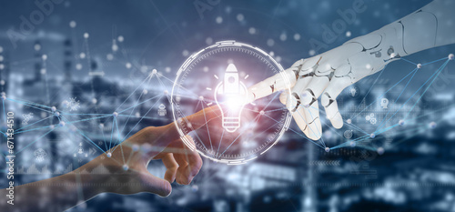 Using AI to generate business ideas. Artificial intelligence tool help business to identify potential opportunities for new products or services, creative ideas or content. AI adoption for business..