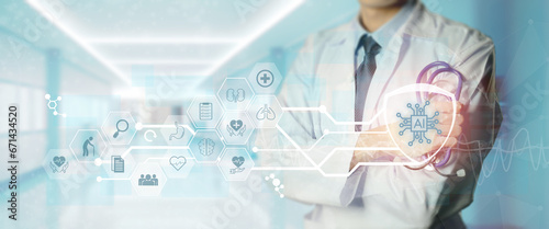 Artificial intelligence (AI) in healthcare concept. Helping to diagnose diseases more accurately, personalize treatments, and reduce costs. Analyze data to identify patterns and predictions.