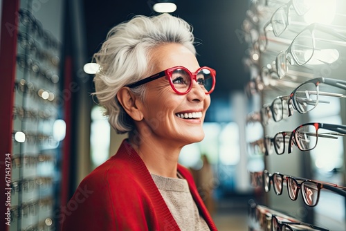 Mature woman chooses glasses in a optics store. Ai generative