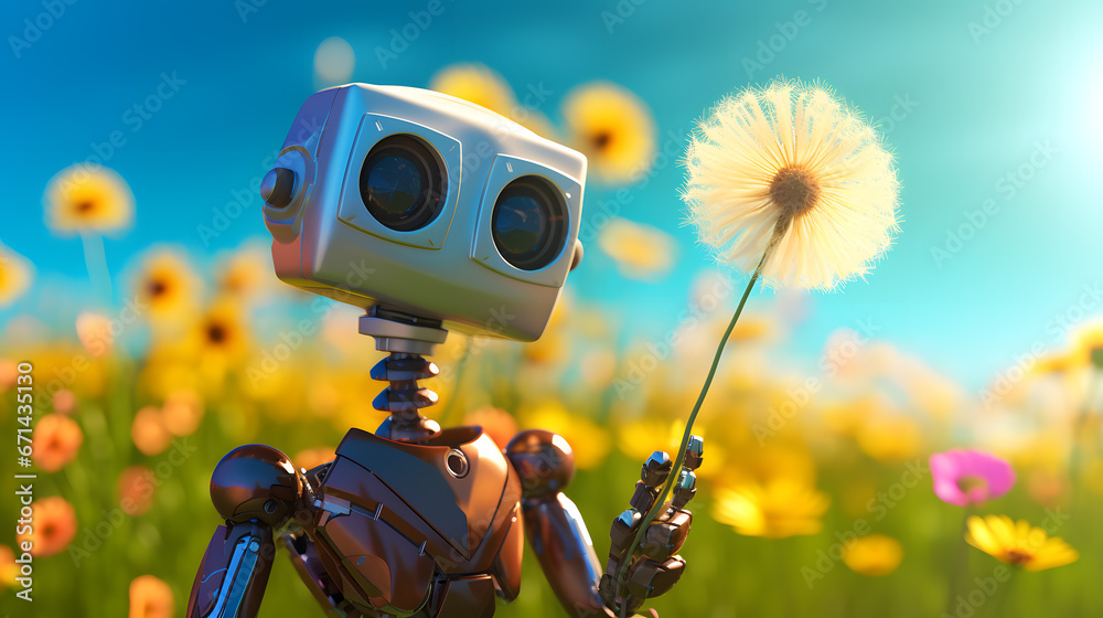 Robot Holding a Dandelion in a Vibrant Flower Field. Robot Holding a Dandelion in a Vibrant Flower Field.