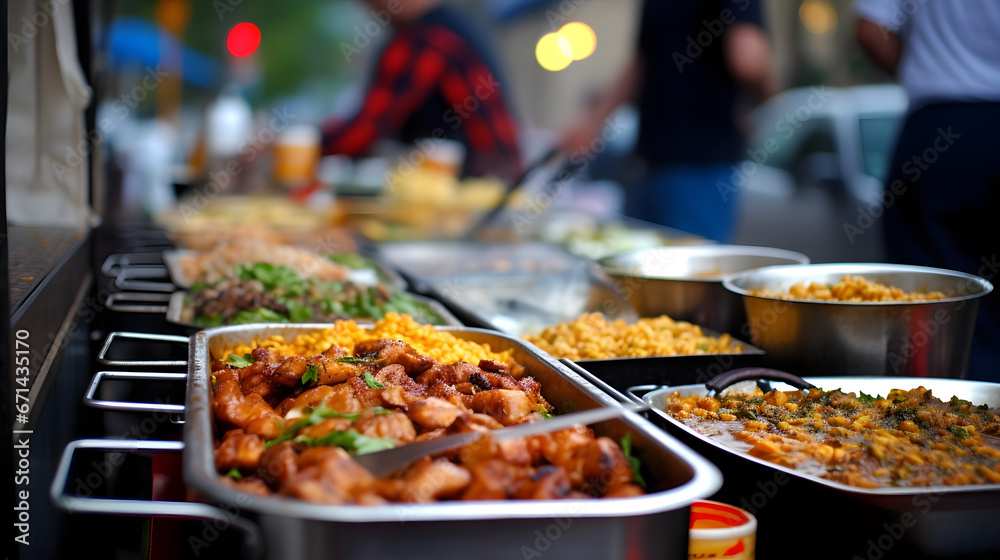 Street Food Spread with Assorted Dishes at an Outdoor Stall.